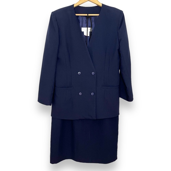 Navy Vintage 80s Ribbed Matching Blazer & Skirt Set - Picture 4 of 13